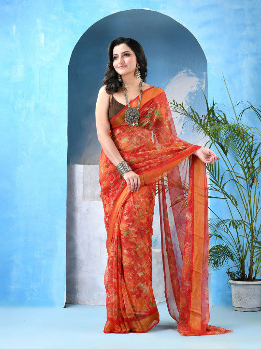 DESH BIDESH Floral Print Zari Saree