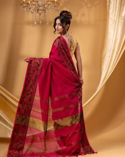 DESH BIDESH Women Red Zari Silk Cotton Handloom Chanderi Saree