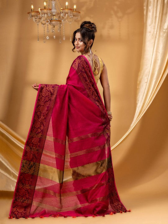DESH BIDESH Women Red Zari Silk Cotton Handloom Chanderi Saree