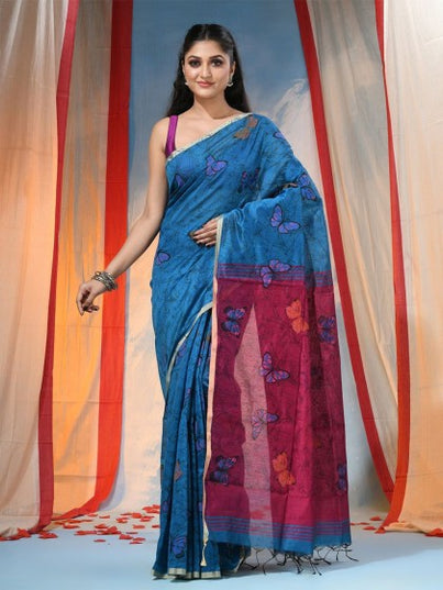 Exquisite Striped Silk Cotton Saree in Royal Blue and Lush Green