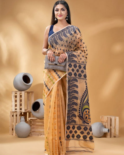 Exquisite Pure Cotton Handloom Jamdani Saree with Woven Design Border for Women
