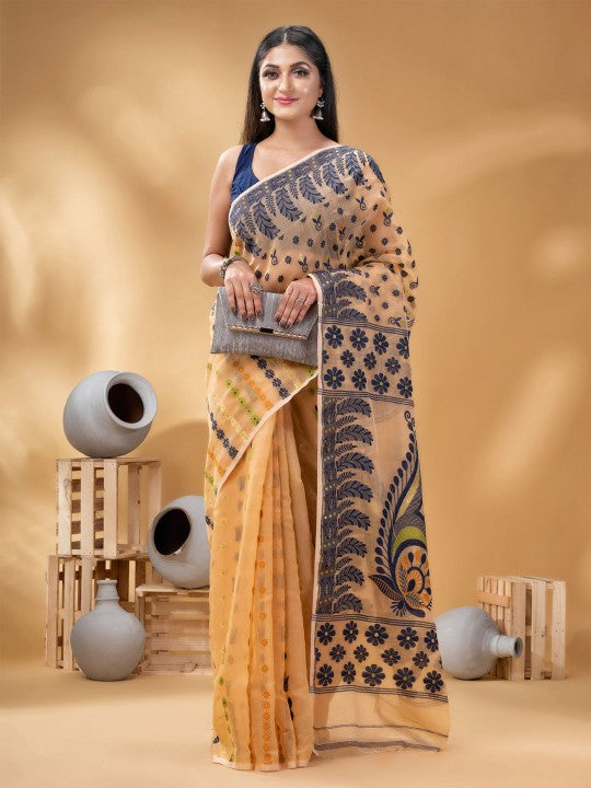 Exquisite Pure Cotton Handloom Jamdani Saree with Woven Design Border for Women