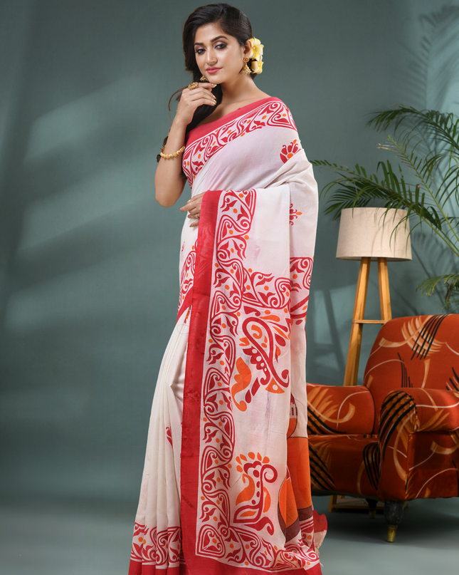Pure Cotton Handloom Uma Ganesh Printed Saree with Blouse Piece