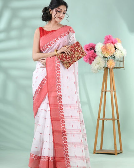 DESH BIDESH Elegant White & Red Woven Paisley Pure Cotton Saree for Women