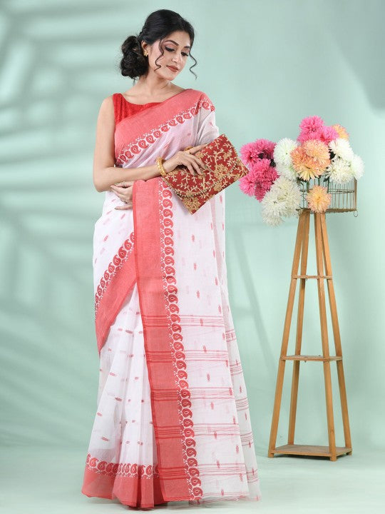 DESH BIDESH Elegant White & Red Woven Paisley Pure Cotton Saree for Women