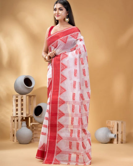Elegant White & Red Pure Cotton Taant Saree with Paisley Woven Design Border