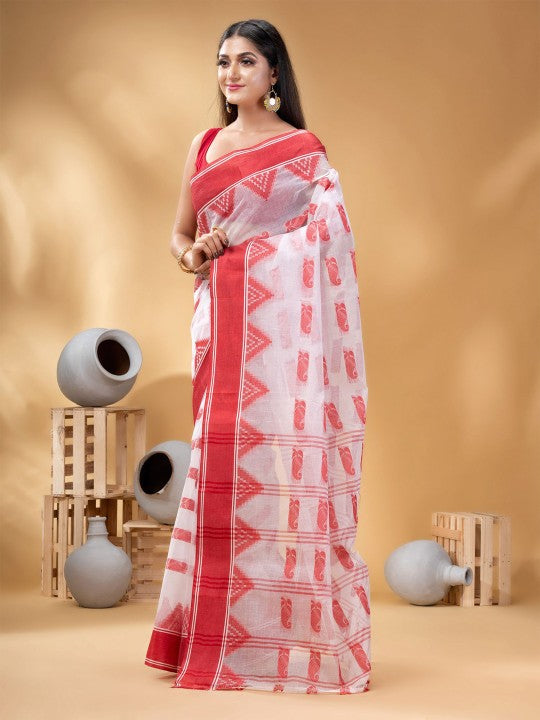 Elegant White & Red Pure Cotton Taant Saree with Paisley Woven Design Border