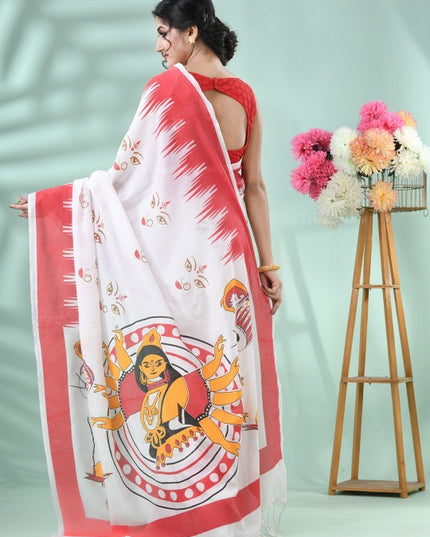 DESH BIDESH Pure Cotton Handloom Saree: Exquisite Handcrafted White and Red Cotton Saree