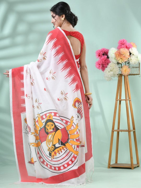 DESH BIDESH Pure Cotton Handloom Saree: Exquisite Handcrafted White and Red Cotton Saree