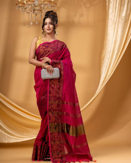 DESH BIDESH Women Red Zari Silk Cotton Handloom Chanderi Saree