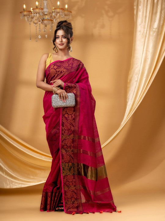 DESH BIDESH Women Red Zari Silk Cotton Handloom Chanderi Saree