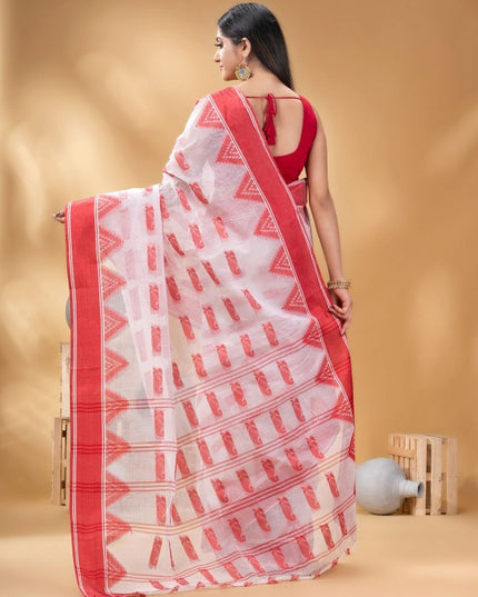Elegant White & Red Pure Cotton Taant Saree with Paisley Woven Design Border