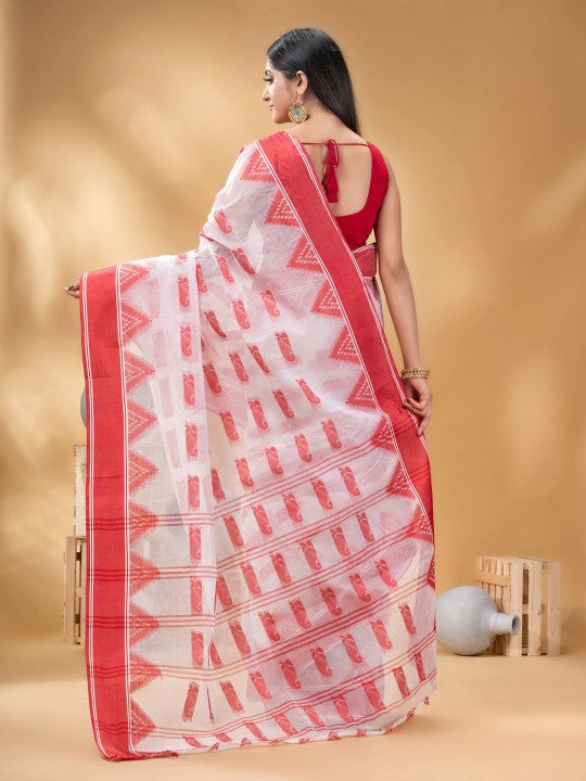 Elegant White & Red Pure Cotton Taant Saree with Paisley Woven Design Border