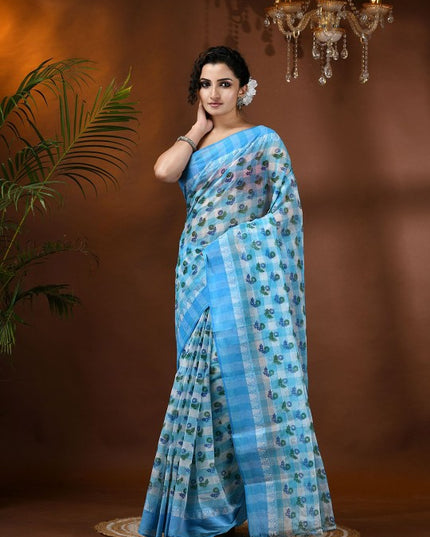 DESH BIDESH Blue & Green Floral Printed Pure Cotton Block Print Saree with Woven Border
