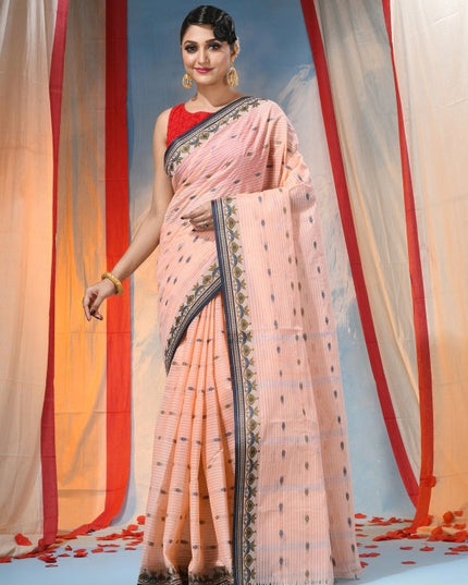 Exquisite Peach Pure Cotton Saree with Woven Border, Lightweight and Elegant