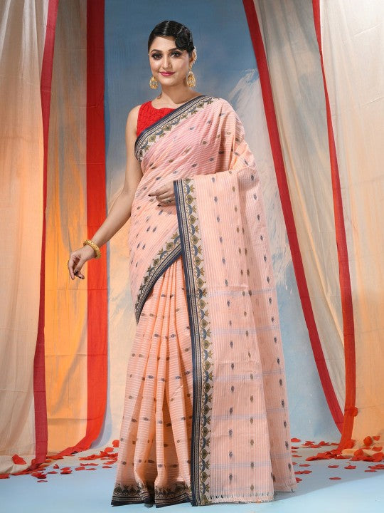 Exquisite Peach Pure Cotton Saree with Woven Border, Lightweight and Elegant