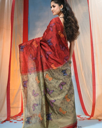 Exquisite Red & Green Floral Printed Saree with Cotton Blend Fabric