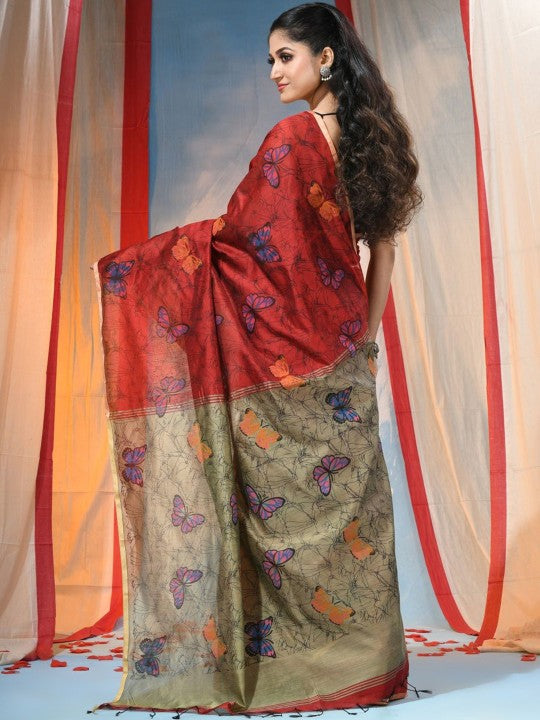 Exquisite Red & Green Floral Printed Saree with Cotton Blend Fabric