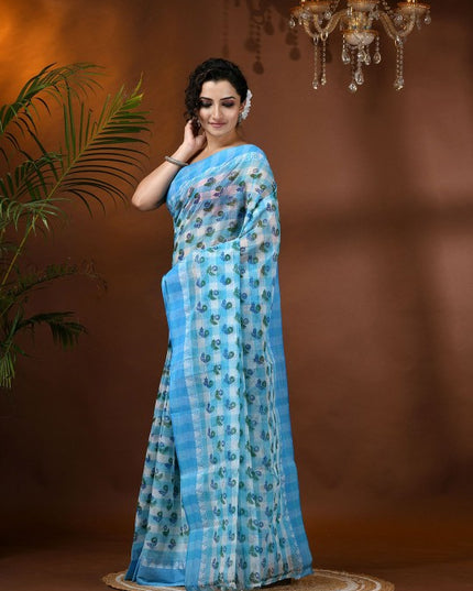 DESH BIDESH Blue & Green Floral Printed Pure Cotton Block Print Saree with Woven Border