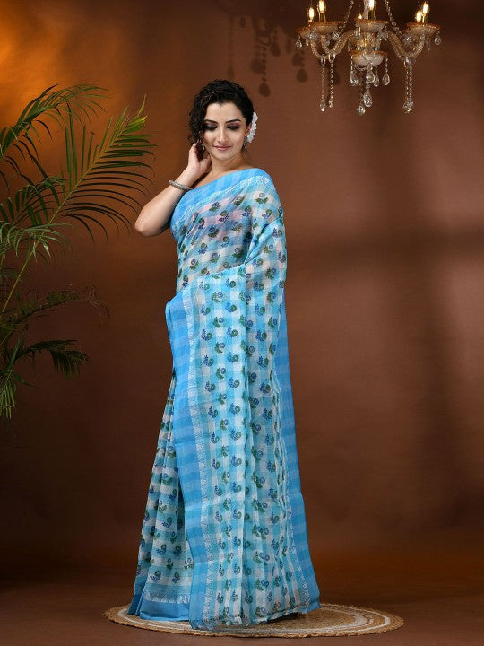 DESH BIDESH Blue & Green Floral Printed Pure Cotton Block Print Saree with Woven Border