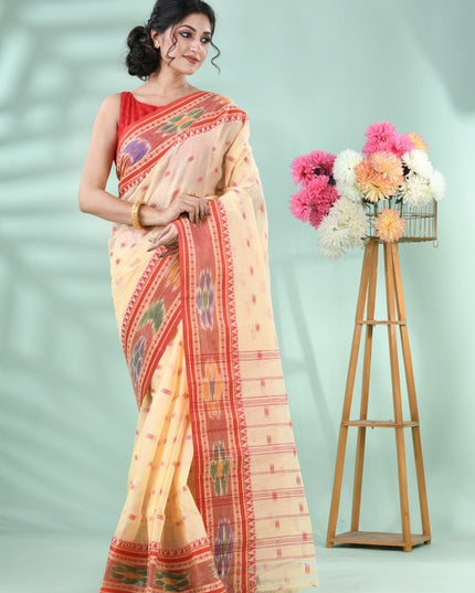 DESH BIDESH Beige & Red Floral Motifs Pure Cotton Saree with Blouse Piece
