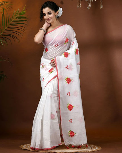 DESH BIDESH Elegant Floral Embroidered White Cotton Blend Saree with Blouse Piece