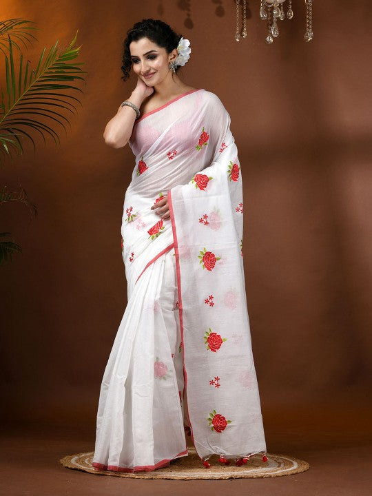 DESH BIDESH Elegant Floral Embroidered White Cotton Blend Saree with Blouse Piece