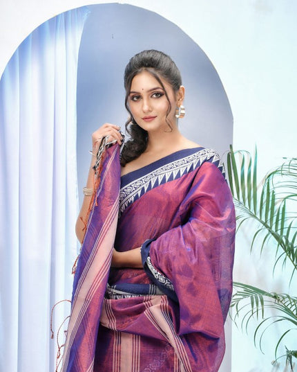 DESH BIDESH Premium Purple Woven Design Tissue Saree with Unstitched Blouse Piece