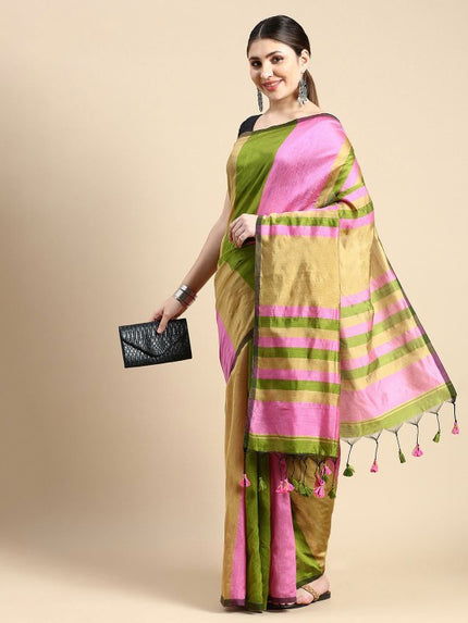 Exquisite Striped Silk Cotton Saree in Green and Pink with Solid Border