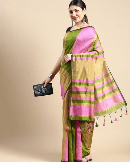 Exquisite Striped Silk Cotton Saree in Green and Pink with Solid Border