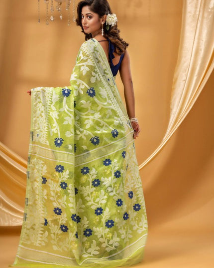 DESH BIDESH Floral Woven Pure Cotton Jamdani Saree - Elegant Indian Attire