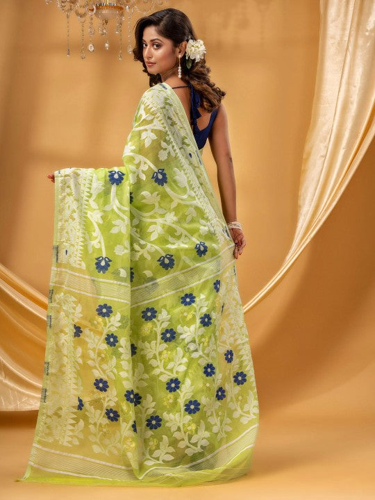 DESH BIDESH Floral Woven Pure Cotton Jamdani Saree - Elegant Indian Attire
