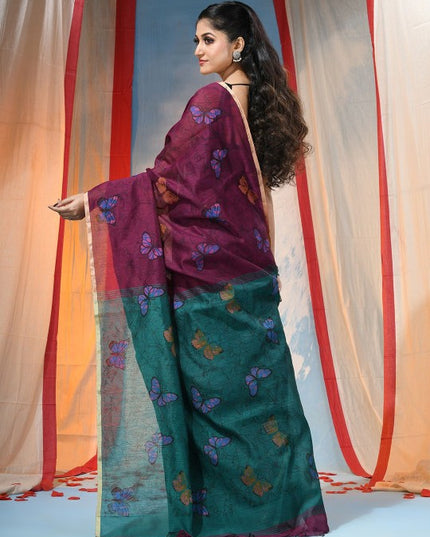 Exquisite Maroon & Green Ethnic Motifs Zari Saree with Woven Design Border