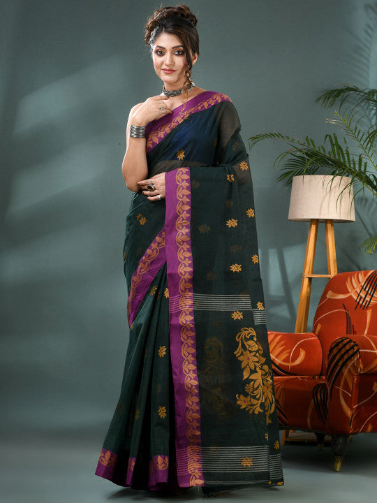 DESH BIDESH Woven Design Pure Cotton Taant Saree with Blouse Piece