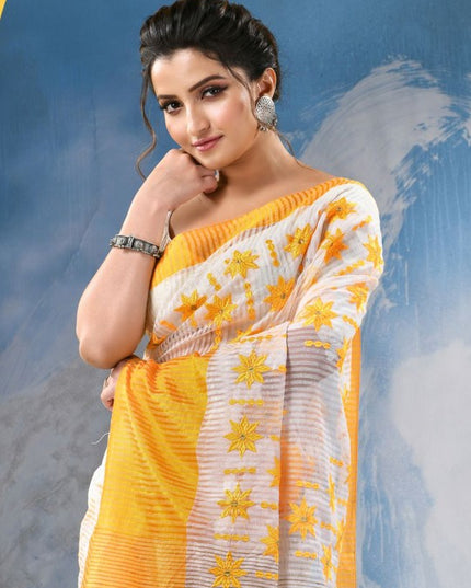 DESH BIDESH Floral Embroidered Pure Cotton Khadi Saree