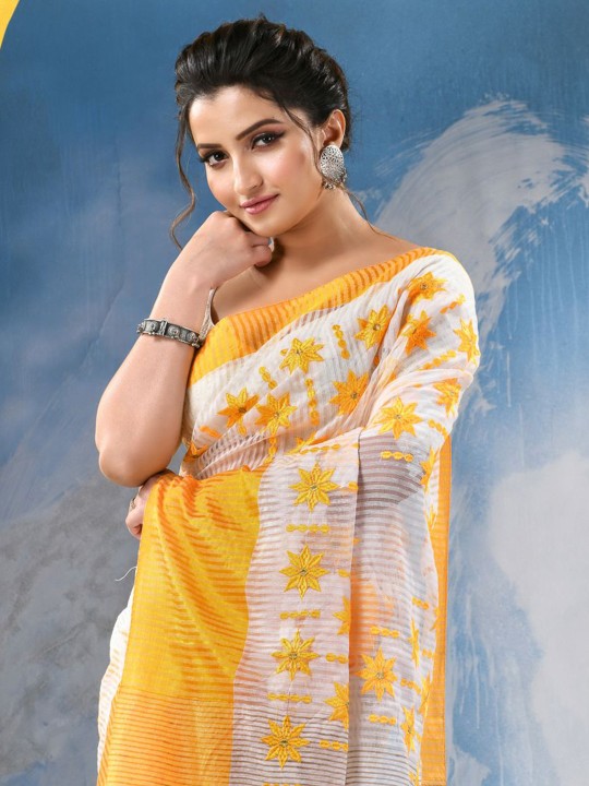 DESH BIDESH Floral Embroidered Pure Cotton Khadi Saree