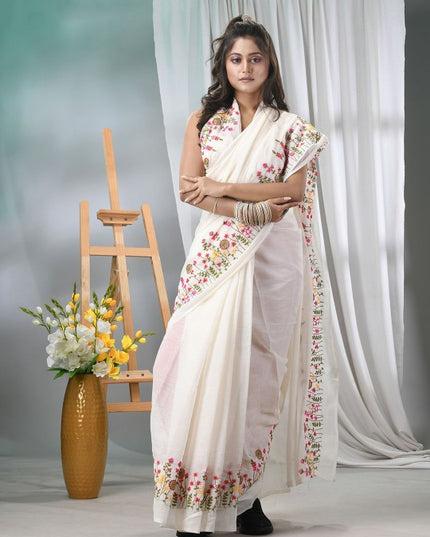 Exquisite Floral Embroidered Silk Cotton Saree for Women - Traditional Indian Attire