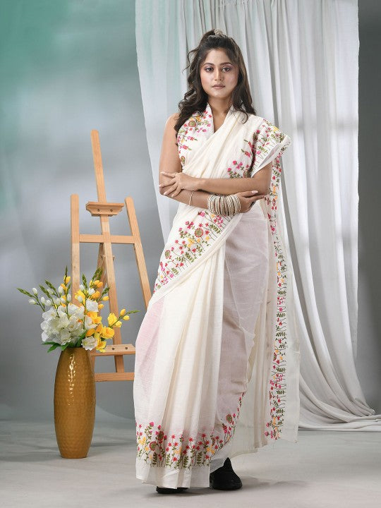 Exquisite Floral Embroidered Silk Cotton Saree for Women - Traditional Indian Attire
