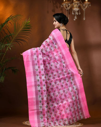 Exquisite Pink & White Pure Cotton Tant Saree with Ethnic Motifs
