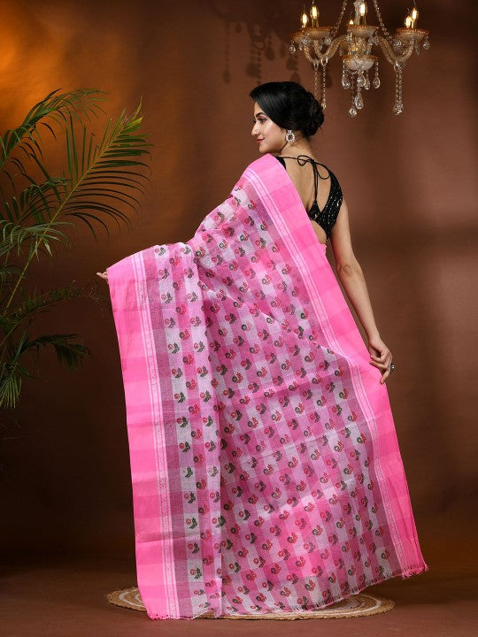 Exquisite Pink & White Pure Cotton Tant Saree with Ethnic Motifs