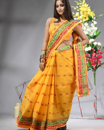 DESH BIDESH Yellow & Green Woven Design Zari Pure Cotton Saree