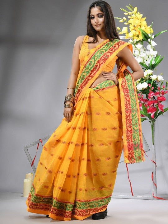 DESH BIDESH Yellow & Green Woven Design Zari Pure Cotton Saree