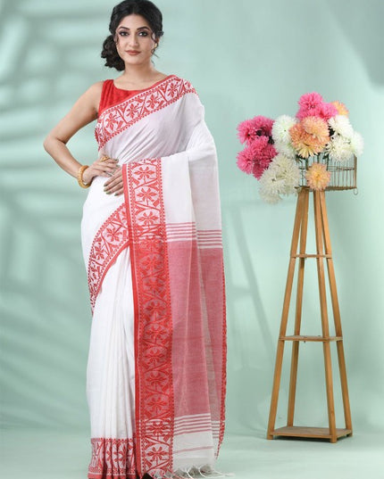 DESH BIDESH Women's White & Red Floral Handloom Saree with Printed Border