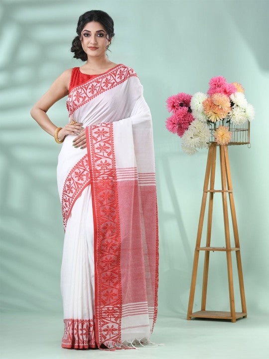 DESH BIDESH Women's White & Red Floral Handloom Saree with Printed Border