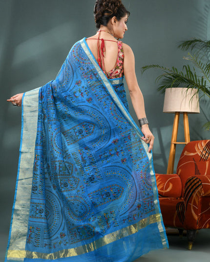 DESH BIDESH Kalamkari Printed Zari Bandhani Saree