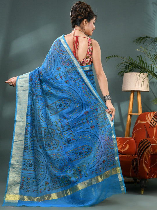 DESH BIDESH Kalamkari Printed Zari Bandhani Saree