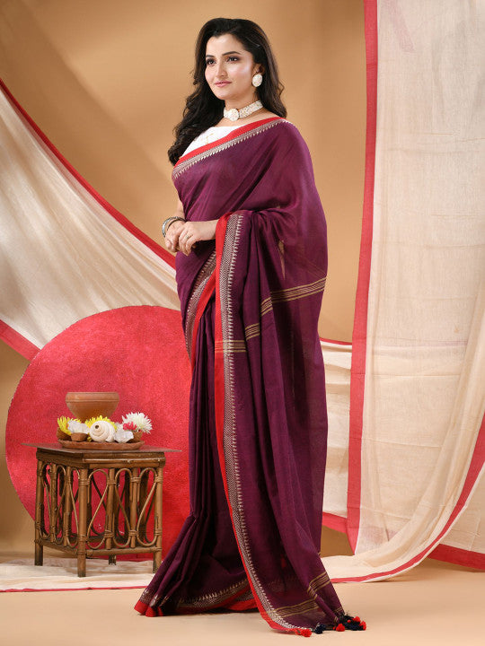 DESH BIDESH Solid Pure Cotton Saree With Embroidered Border