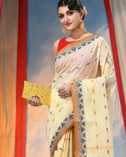 DESH BIDESH Beige Ethnic Motifs Pure Cotton Saree for Women with Woven Design