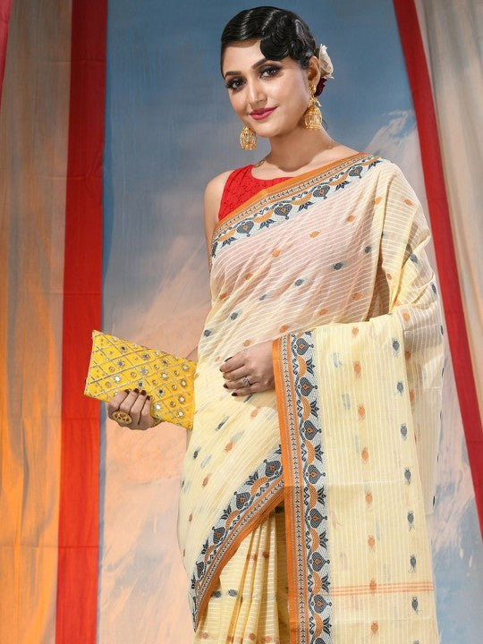 DESH BIDESH Beige Ethnic Motifs Pure Cotton Saree for Women with Woven Design