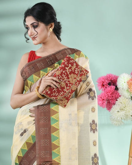 DESH BIDESH Beige & Brown Floral Zari Pure Cotton Handloom Saree with Blouse Piece